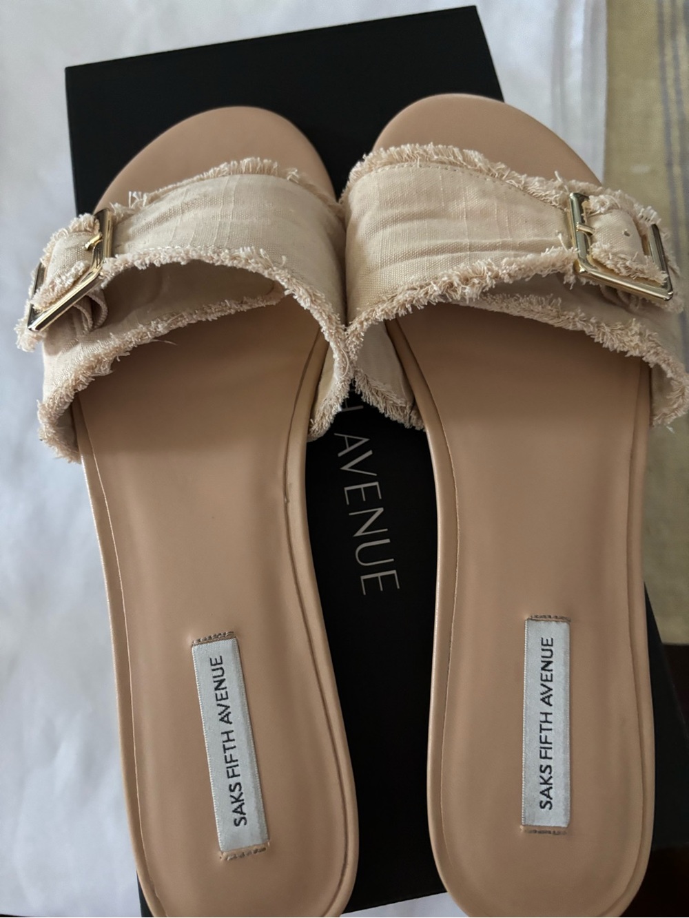 Saks Fifth Avenue Beige Frayed Buckle Slide Mules